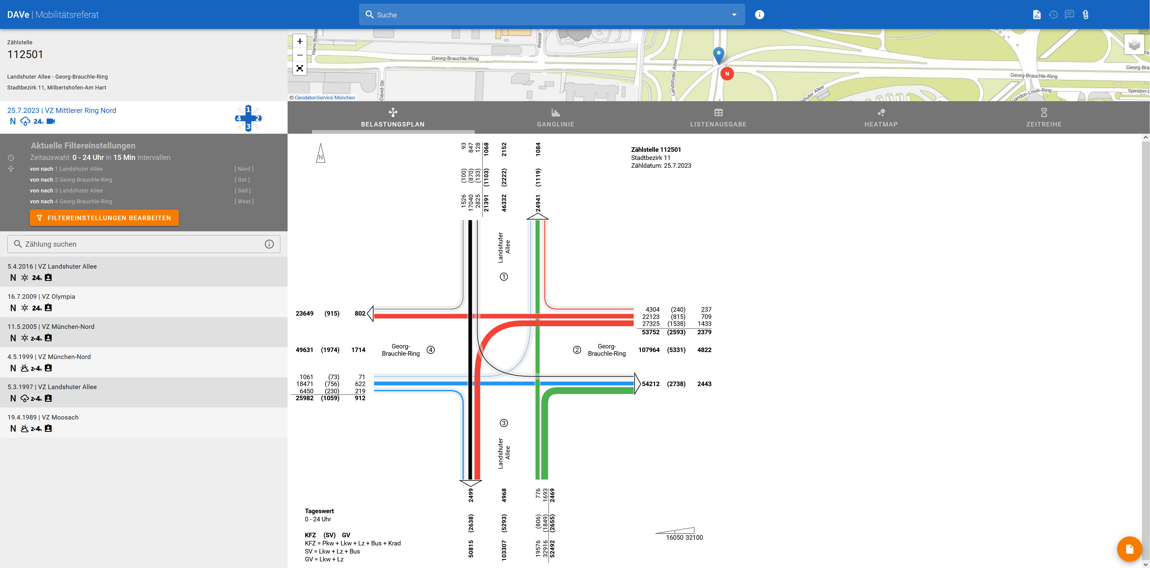 Screenshot einer Website mit dem Plan einer Straßenkreuzung, mit stilisierten Fahrspuren in unterschiedlichen Farben