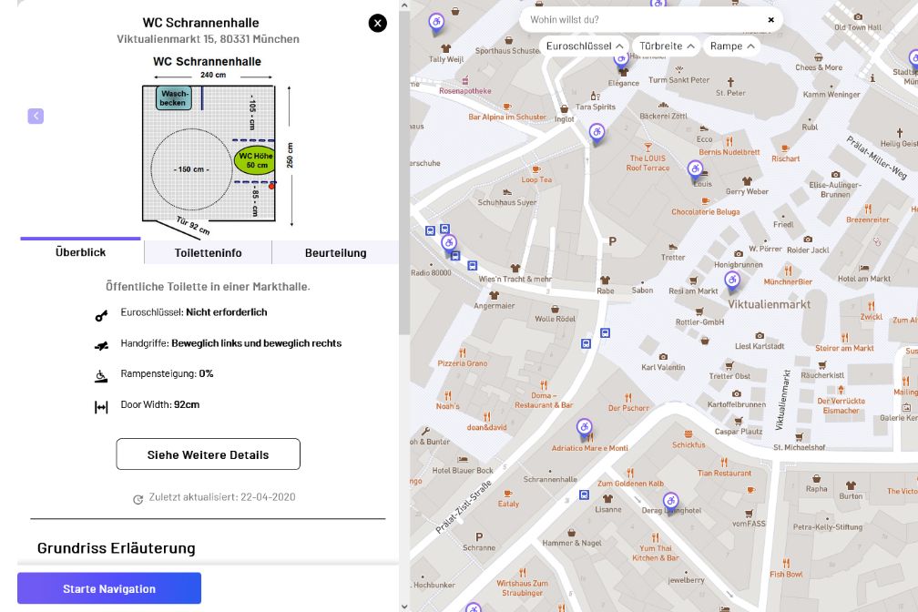 Screenshot shows a section of the Munich city map with detailed information about a WC Schrannenhalle