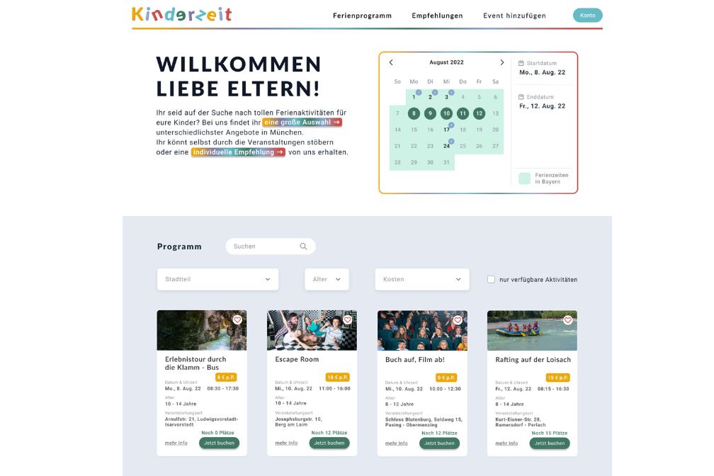 Screenshot with the headline "Wilkommen Liebe Eltern", a calendar page of the month of August and a program overview
