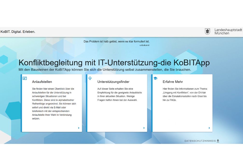 Screenshot of the Kobit start page with the headline Conflict Management with IT Support - the Kobit App