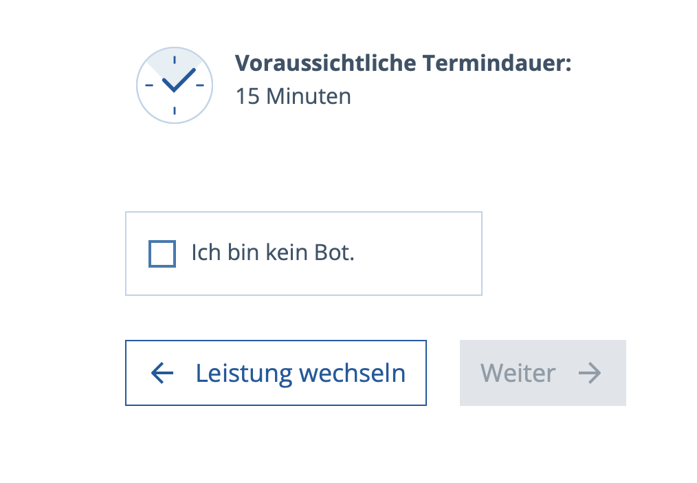 Screenshot of the "I am not a bot" CAPTCHA checkbox on the Zeitmanagementsystem citizen booking page