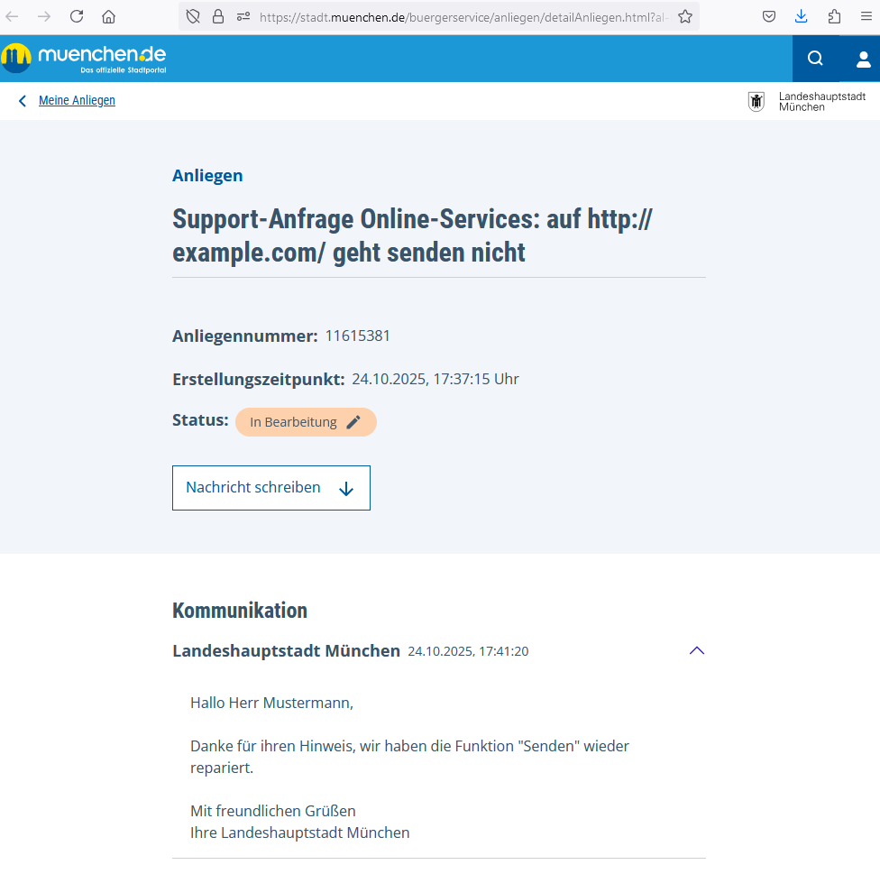 Screenshot einer DBS Nachricht an Bürgerin