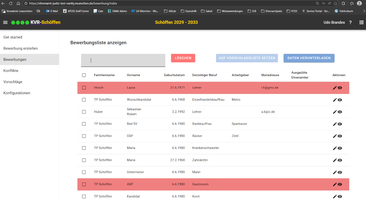 Ehrenamtjustiz Screenshot der Bewerbungsliste