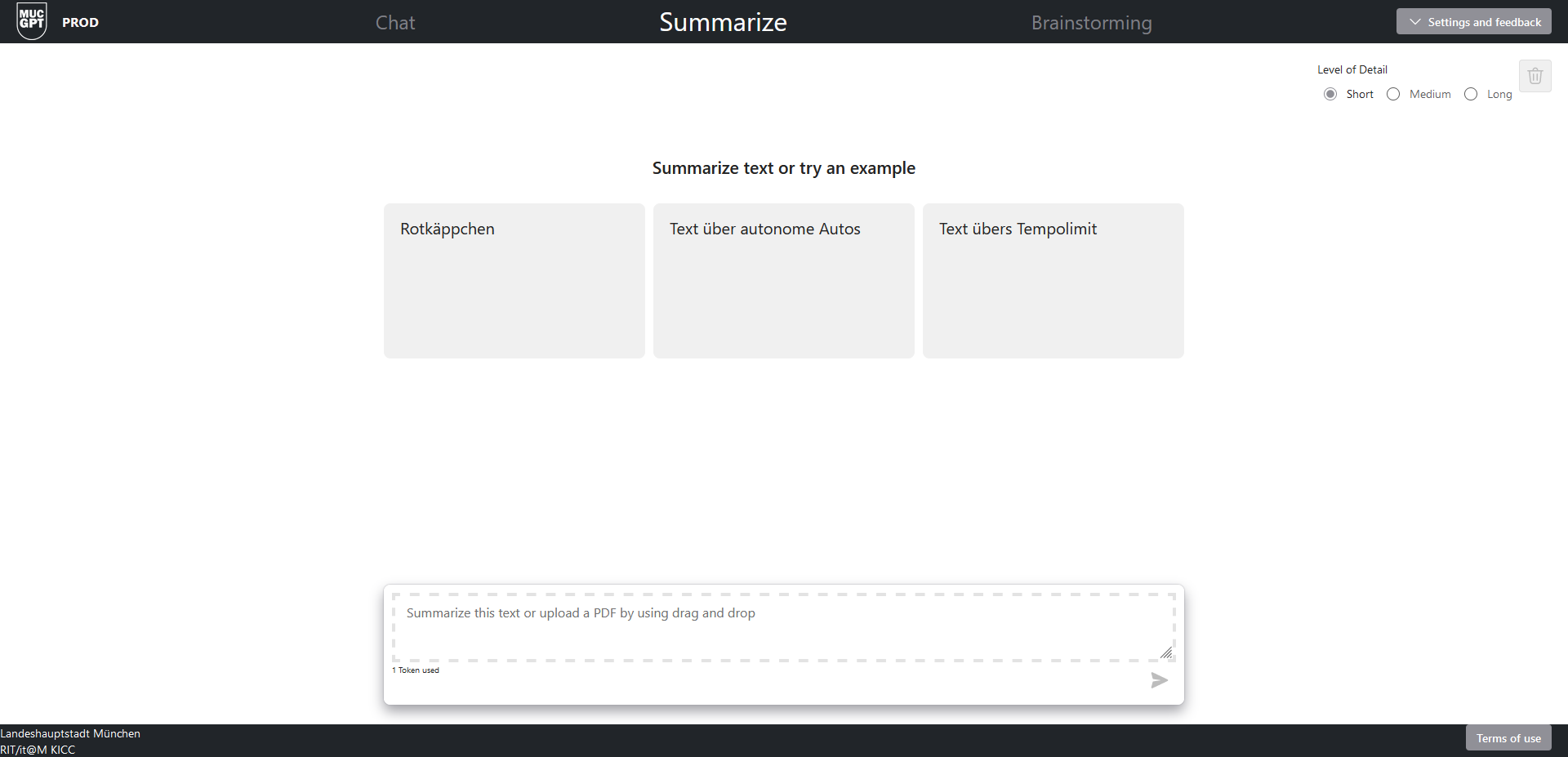 Screenshot of a the summarize function of MUCGPT