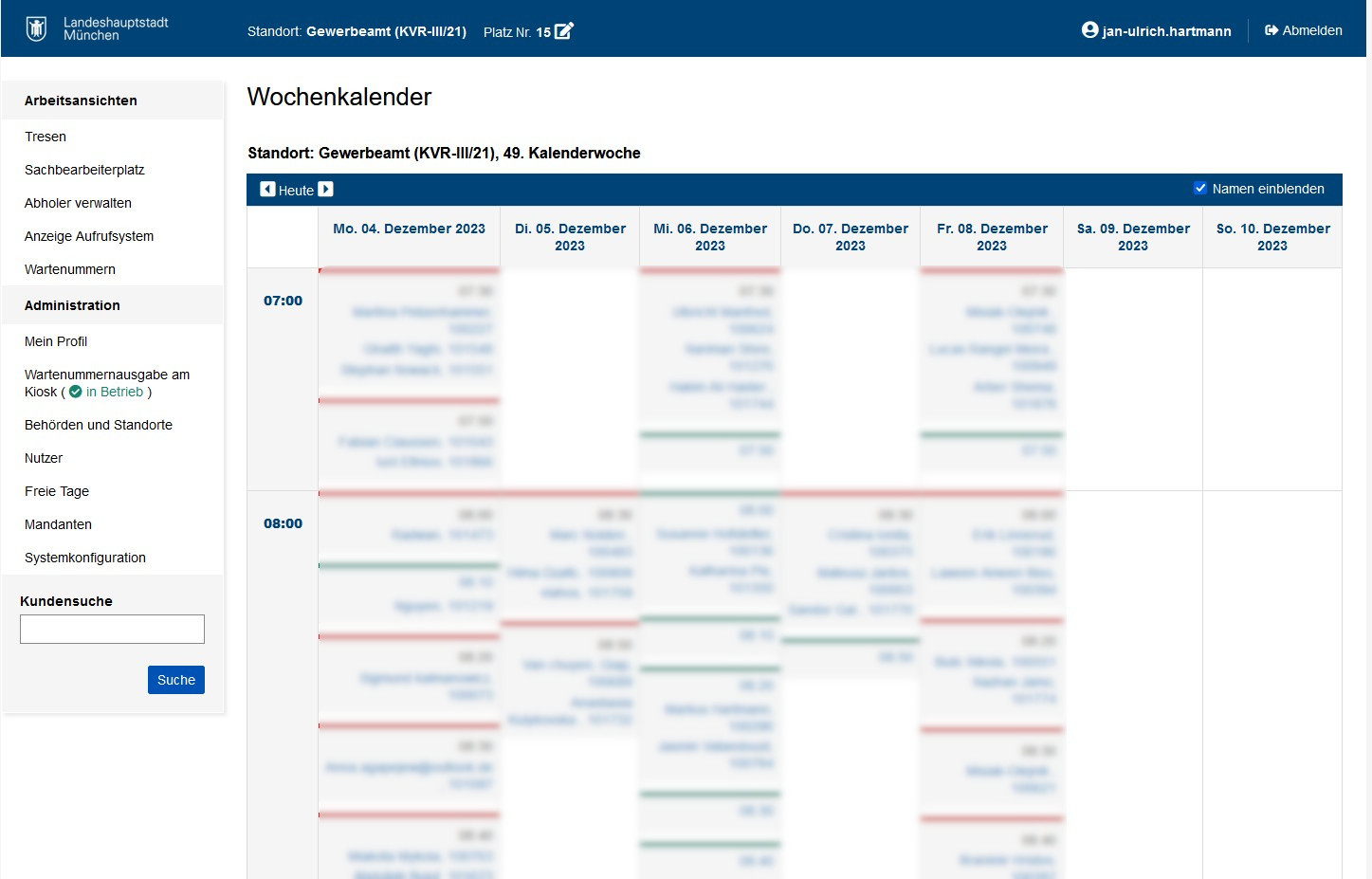 Screenshot of weekly calendar in the time management system
